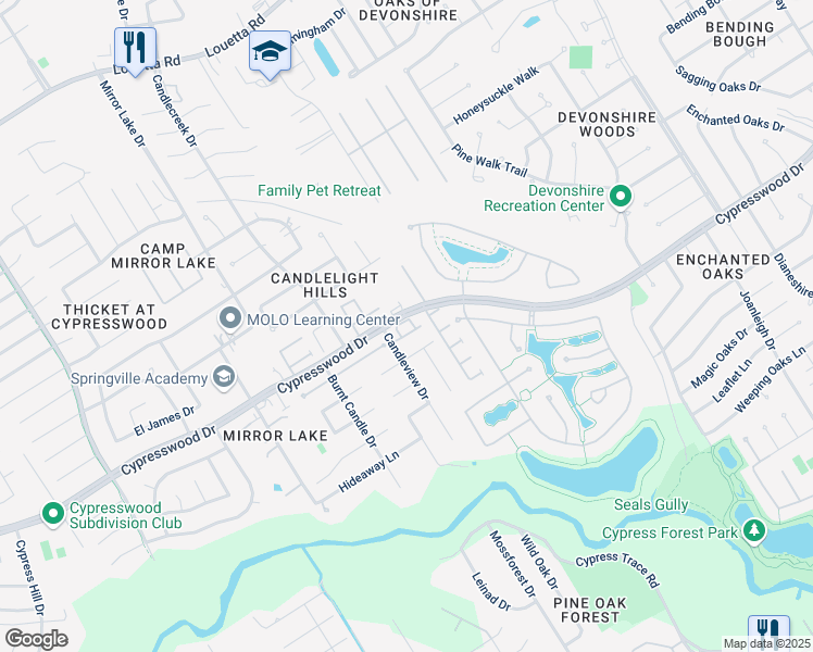 map of restaurants, bars, coffee shops, grocery stores, and more near 18711 Scented Candle Way in Spring
