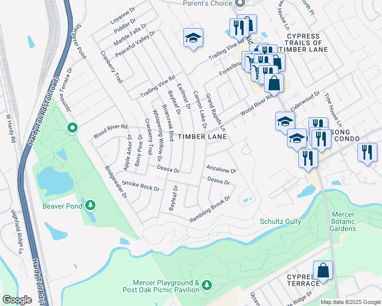 map of restaurants, bars, coffee shops, grocery stores, and more near 23107 Earlmist Drive in Spring