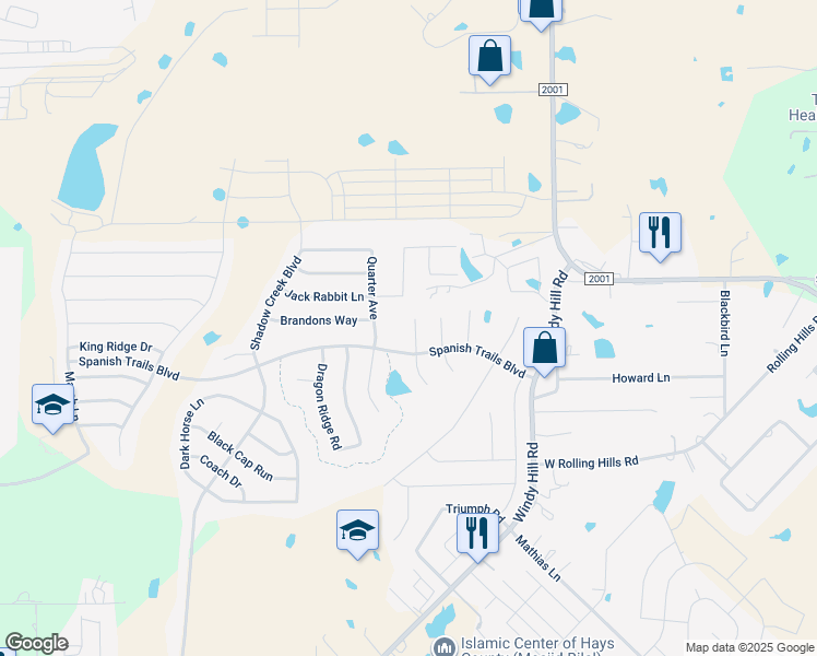 map of restaurants, bars, coffee shops, grocery stores, and more near 128 Pebble Creek Lane in Buda