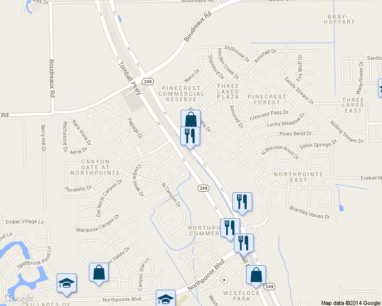 map of restaurants, bars, coffee shops, grocery stores, and more near 24800 Highway 249 in Tomball