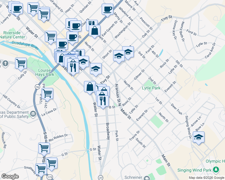 map of restaurants, bars, coffee shops, grocery stores, and more near 1116 Aransas Street in Kerrville