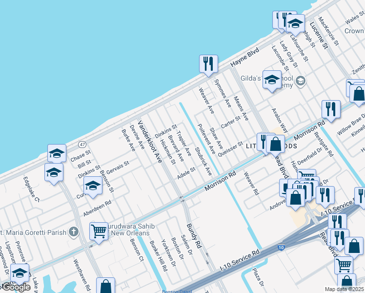 map of restaurants, bars, coffee shops, grocery stores, and more near 7715 Trapier Avenue in New Orleans