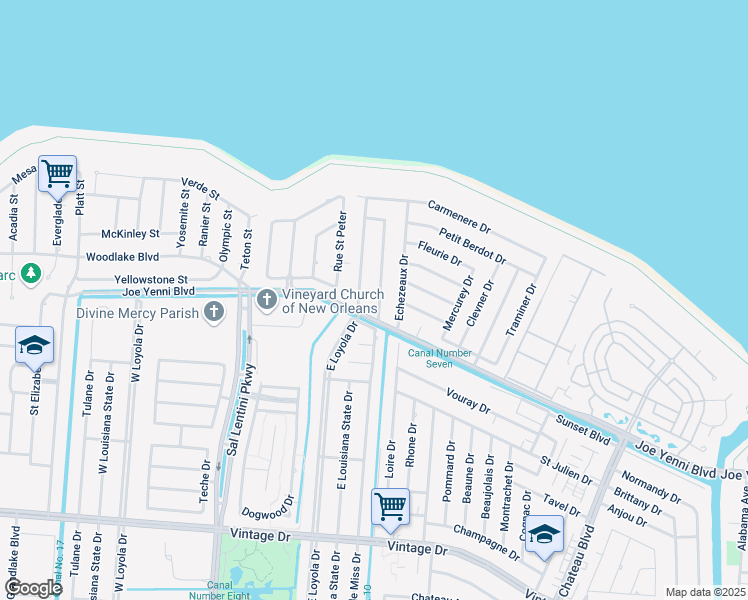 map of restaurants, bars, coffee shops, grocery stores, and more near 5 Rhine Drive in Kenner