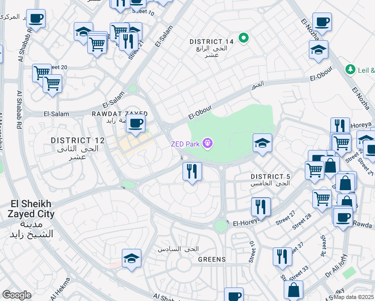 map of restaurants, bars, coffee shops, grocery stores, and more near in Sheikh Zayed City