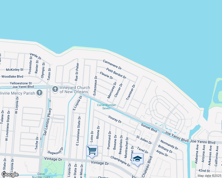 map of restaurants, bars, coffee shops, grocery stores, and more near 645 Chambertin Drive in Kenner