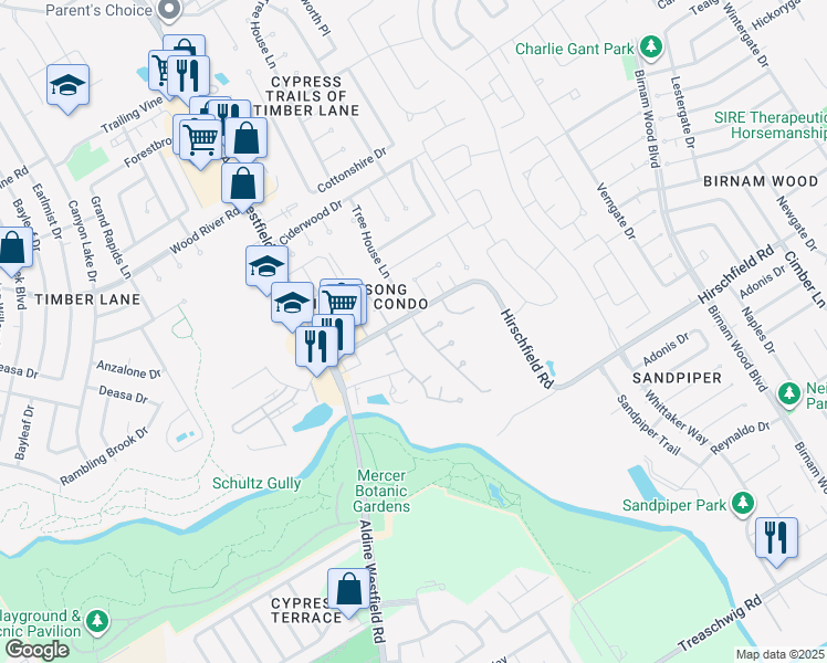 map of restaurants, bars, coffee shops, grocery stores, and more near 22529 Tree House Lane in Spring