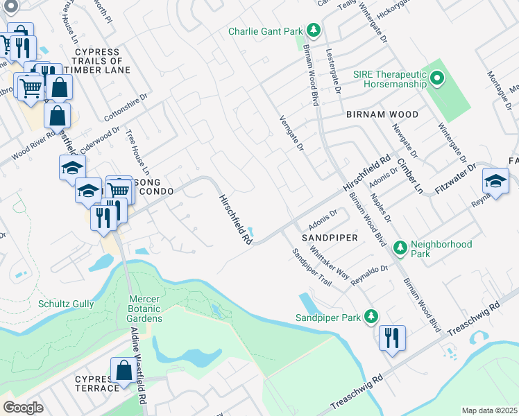 map of restaurants, bars, coffee shops, grocery stores, and more near 3515 Hirschfield Road in Spring
