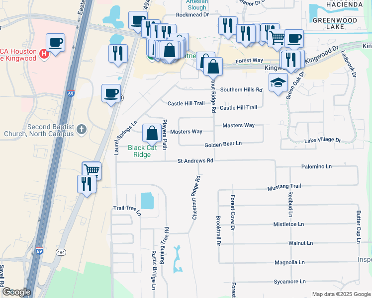 map of restaurants, bars, coffee shops, grocery stores, and more near 906 Golden Bear Lane in Humble