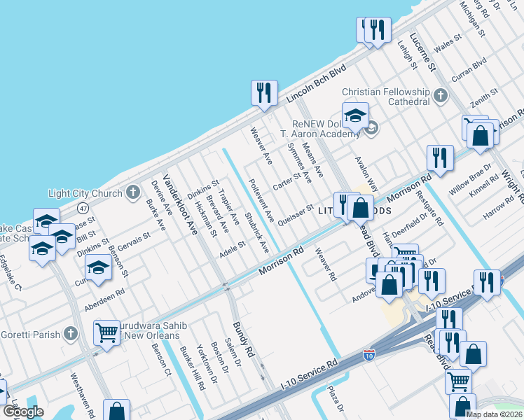 map of restaurants, bars, coffee shops, grocery stores, and more near 7300 Poitevent Avenue in New Orleans