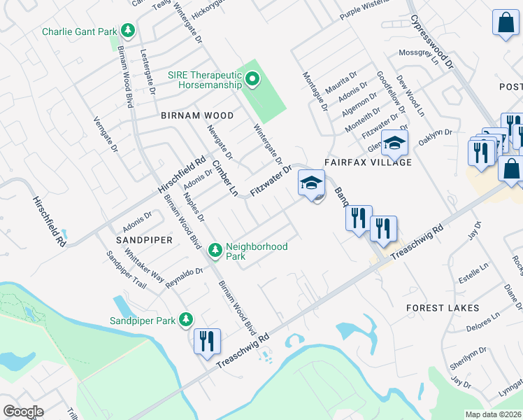 map of restaurants, bars, coffee shops, grocery stores, and more near 23115 Newgate Drive in Spring