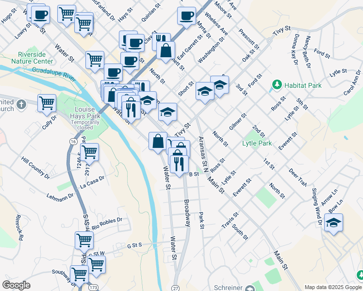 map of restaurants, bars, coffee shops, grocery stores, and more near 1016 Main Street in Kerrville