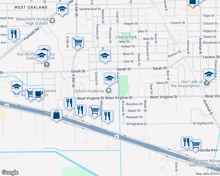 map of restaurants, bars, coffee shops, grocery stores, and more near 2550 West Virginia Street in Beaumont