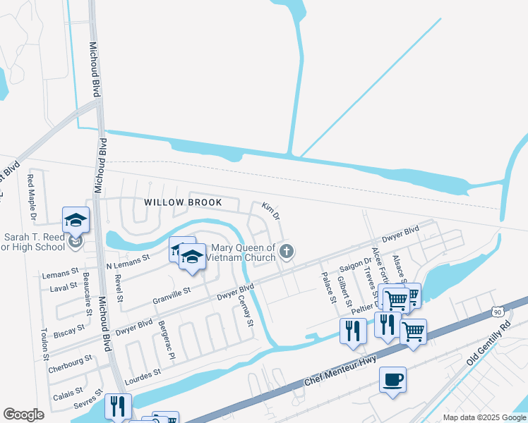 map of restaurants, bars, coffee shops, grocery stores, and more near 5176 Kim Drive in New Orleans
