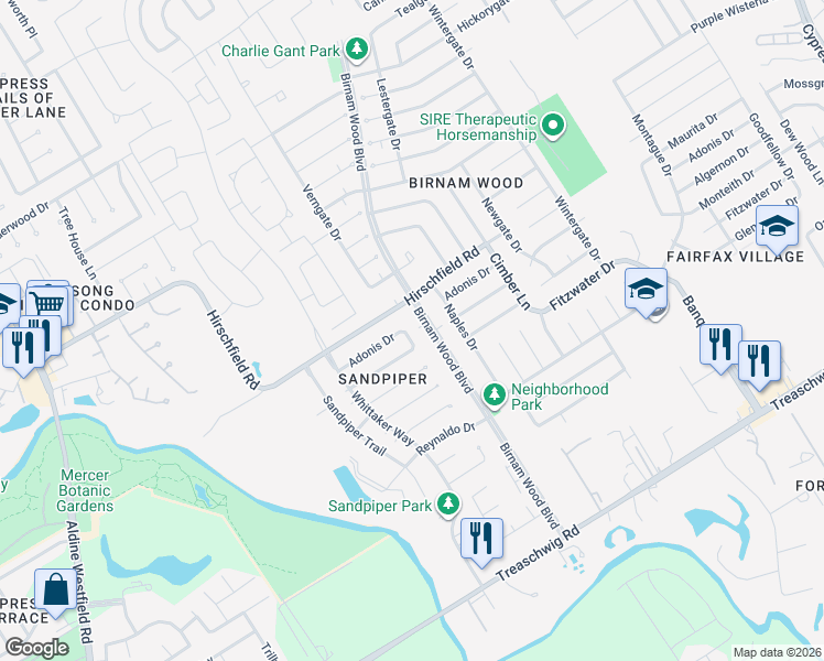 map of restaurants, bars, coffee shops, grocery stores, and more near 23315 Birnam Wood Boulevard in Spring