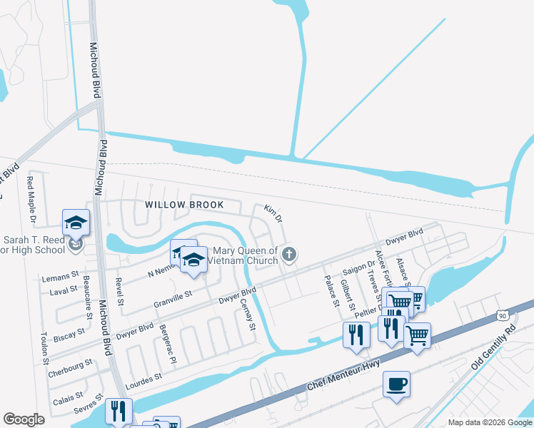map of restaurants, bars, coffee shops, grocery stores, and more near 5176 Kim Drive in New Orleans