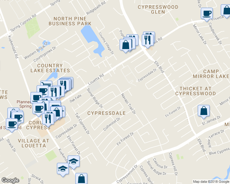 map of restaurants, bars, coffee shops, grocery stores, and more near 18310 Cassina Lane in Spring