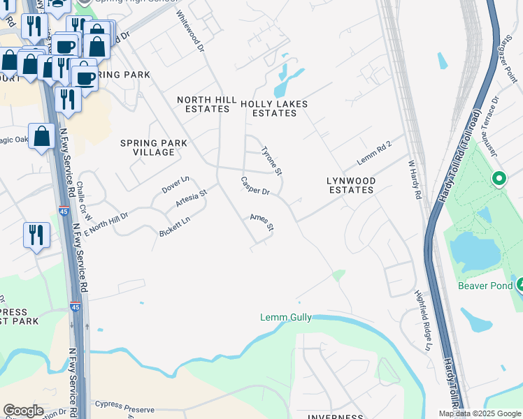 map of restaurants, bars, coffee shops, grocery stores, and more near 642 Ames St in Spring