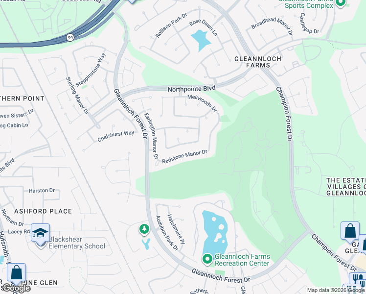 map of restaurants, bars, coffee shops, grocery stores, and more near 1602 Noble Pointe Dr in Spring