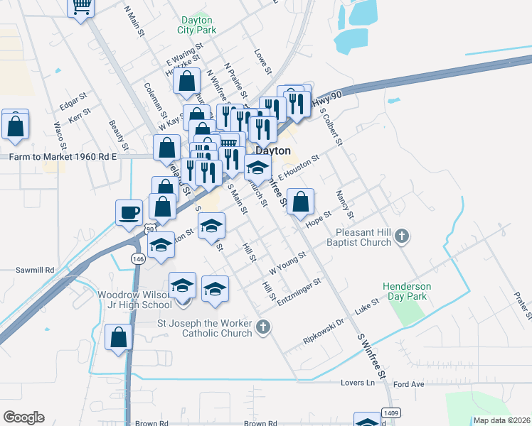 map of restaurants, bars, coffee shops, grocery stores, and more near 300 South Church Street in Dayton