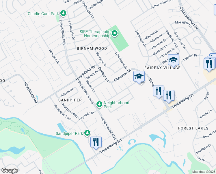 map of restaurants, bars, coffee shops, grocery stores, and more near 23130 Harpergate Drive in Spring
