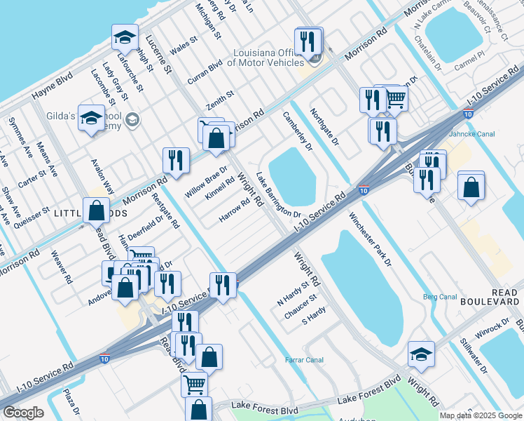 map of restaurants, bars, coffee shops, grocery stores, and more near 11050 Yardley Road in New Orleans
