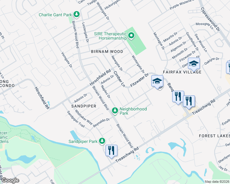 map of restaurants, bars, coffee shops, grocery stores, and more near 4418 Monteith Drive in Spring