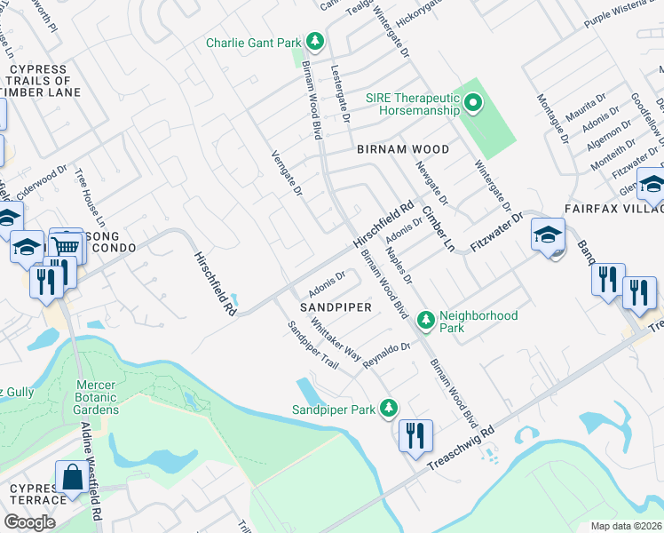 map of restaurants, bars, coffee shops, grocery stores, and more near 4022 Hirschfield Road in Spring