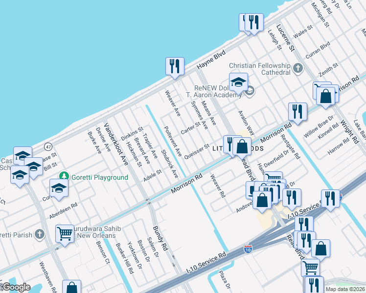 map of restaurants, bars, coffee shops, grocery stores, and more near 7440 Shaw Avenue in New Orleans