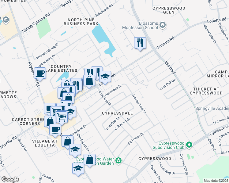 map of restaurants, bars, coffee shops, grocery stores, and more near 3843 Postwood Drive in Spring