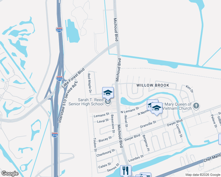 map of restaurants, bars, coffee shops, grocery stores, and more near 5561 Maple Ridge Drive in New Orleans