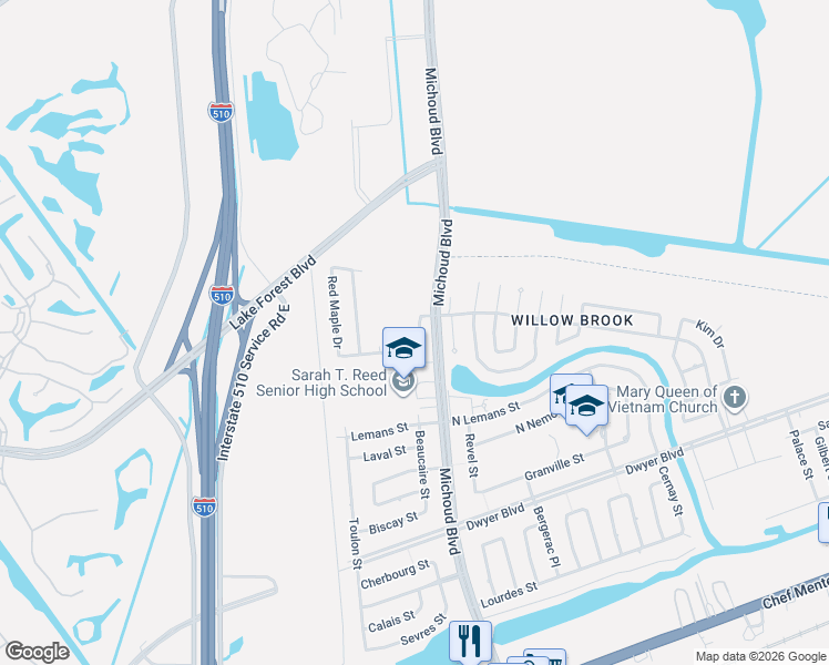 map of restaurants, bars, coffee shops, grocery stores, and more near 5561 Maple Ridge Drive in New Orleans