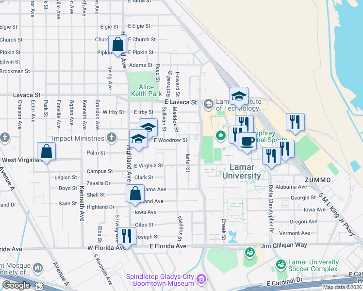 map of restaurants, bars, coffee shops, grocery stores, and more near 4445 Maddox Street in Beaumont