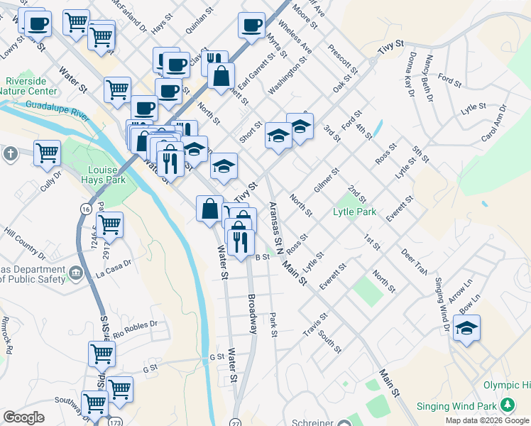 map of restaurants, bars, coffee shops, grocery stores, and more near 1116 Aransas Street in Kerrville