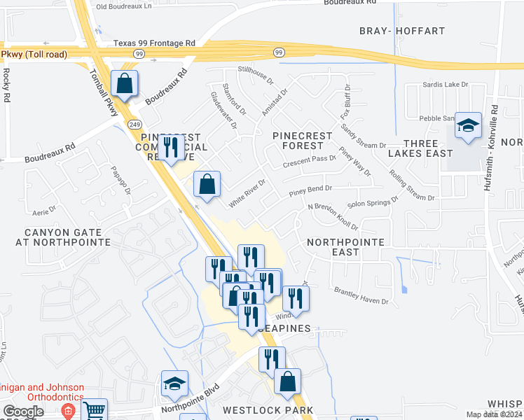 map of restaurants, bars, coffee shops, grocery stores, and more near 19103 Shale Creek Dr in Tomball
