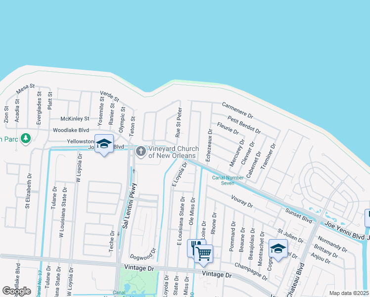 map of restaurants, bars, coffee shops, grocery stores, and more near 5 Rhine Drive in Kenner