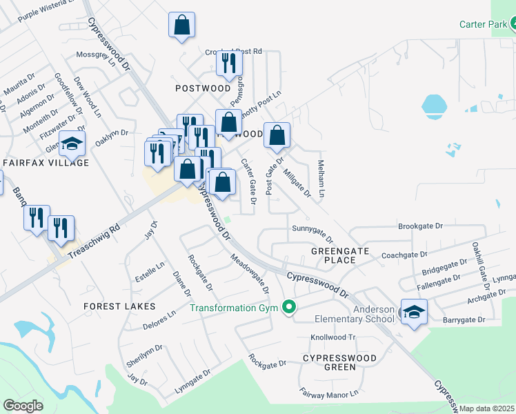 map of restaurants, bars, coffee shops, grocery stores, and more near 22710 Carter Gate Drive in Spring
