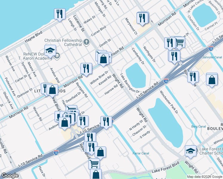 map of restaurants, bars, coffee shops, grocery stores, and more near 10941 Harrow Road in New Orleans