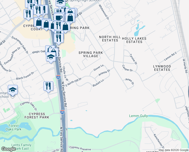 map of restaurants, bars, coffee shops, grocery stores, and more near 403 Artesia Street in Spring