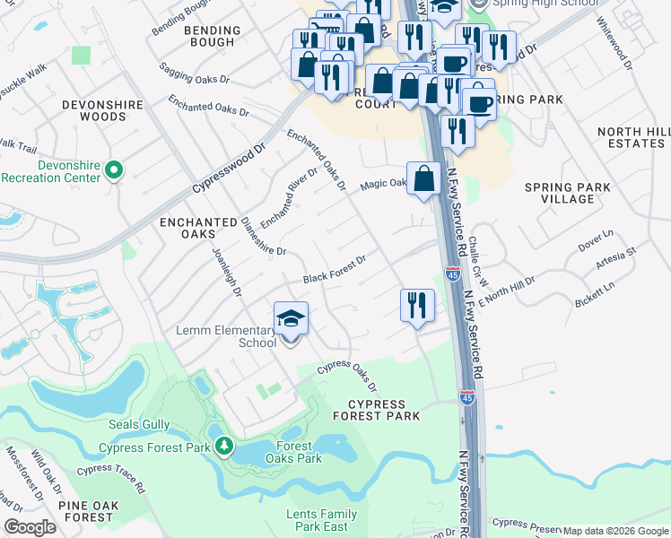 map of restaurants, bars, coffee shops, grocery stores, and more near 19102 Cypress Estates Court in Spring