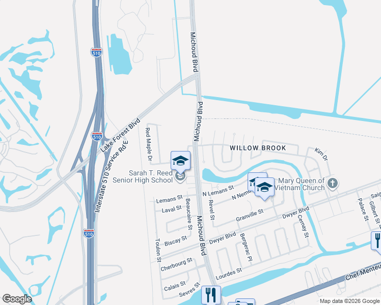 map of restaurants, bars, coffee shops, grocery stores, and more near 5561 Maple Ridge Drive in New Orleans