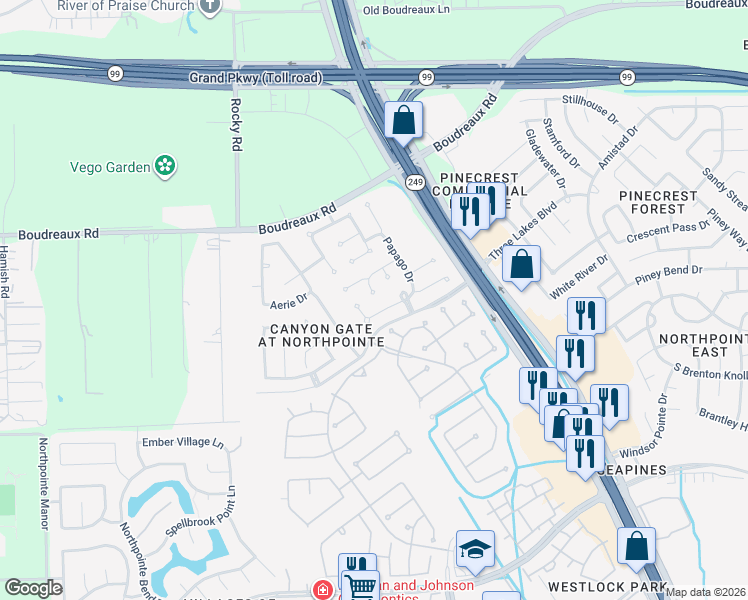 map of restaurants, bars, coffee shops, grocery stores, and more near 11726 Curry Ridge Lane in Tomball