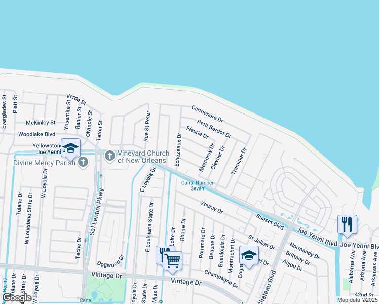 map of restaurants, bars, coffee shops, grocery stores, and more near 621 Meursault Drive in Kenner
