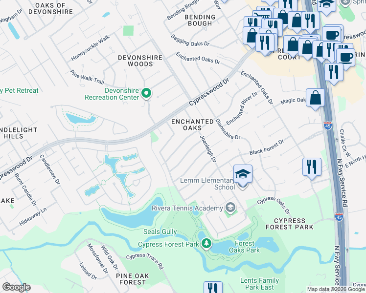 map of restaurants, bars, coffee shops, grocery stores, and more near 702 Enchanted Trail Drive in Spring