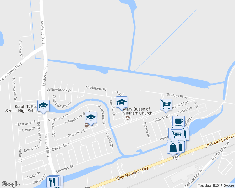 map of restaurants, bars, coffee shops, grocery stores, and more near 5176 Kim Drive in New Orleans