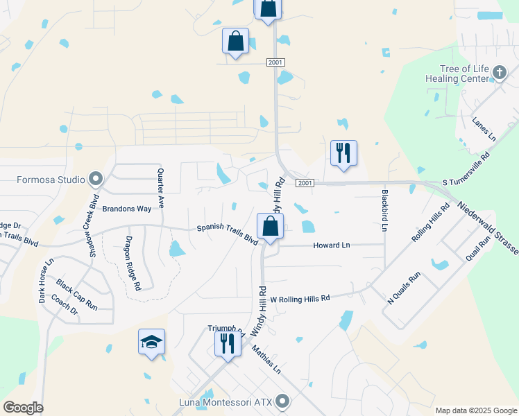 map of restaurants, bars, coffee shops, grocery stores, and more near 558 Eagle Brook Lane in Buda