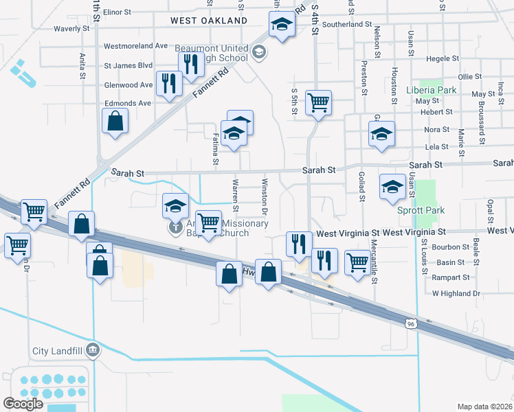 map of restaurants, bars, coffee shops, grocery stores, and more near 3255 Posey Avenue in Beaumont