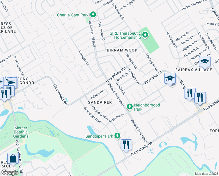 map of restaurants, bars, coffee shops, grocery stores, and more near 23315 Birnam Wood Boulevard in Spring