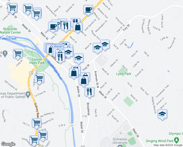 map of restaurants, bars, coffee shops, grocery stores, and more near 1016 Main Street in Kerrville