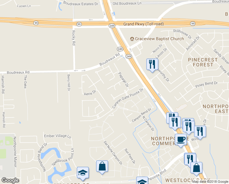 map of restaurants, bars, coffee shops, grocery stores, and more near 11722 Curry Ridge Lane in Tomball