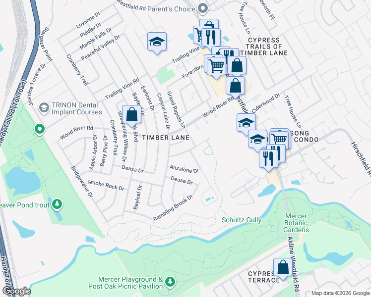map of restaurants, bars, coffee shops, grocery stores, and more near 2531 Ciderwood Dr in Spring